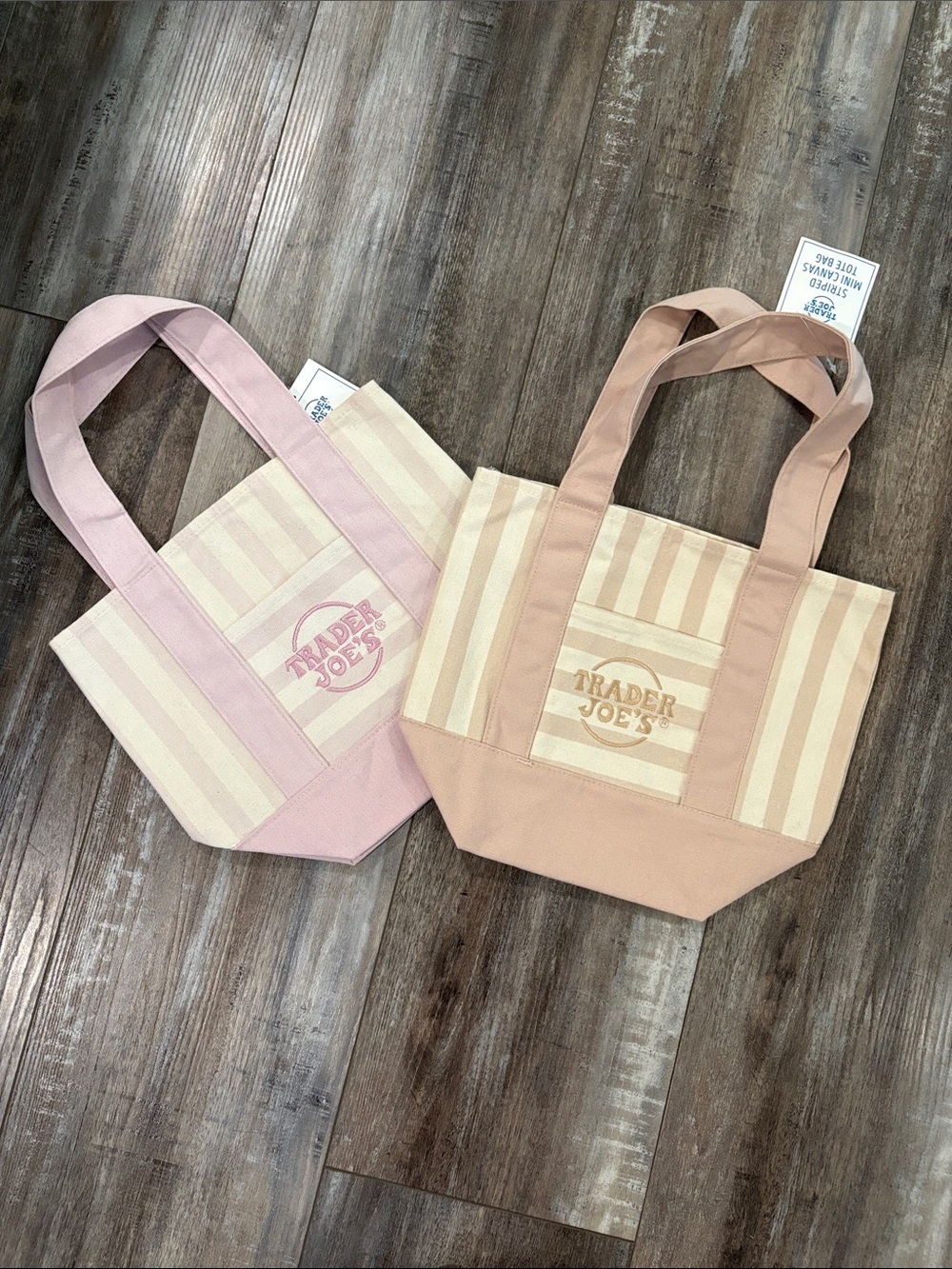 Trader Joe's Mini Canvas Tote Bags (2) pink stripe & tan stripe